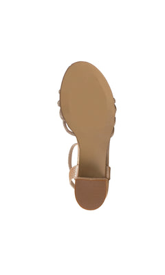 Bottom view of the Libra Champagne Glitter Prom Shoes (Touch Ups 4652): tan high-heeled sandal with textured sole, visible strap, and stylish block heel—ideal block heel prom shoes—set against a white background.