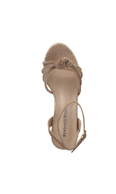A single champagne glitter low-heel open-toe prom shoe with a knotted strap and ankle buckle, viewed from above. "Touch Ups" branding is visible on the insole—Libra 4652 adds sparkle and elegance to any special occasion.