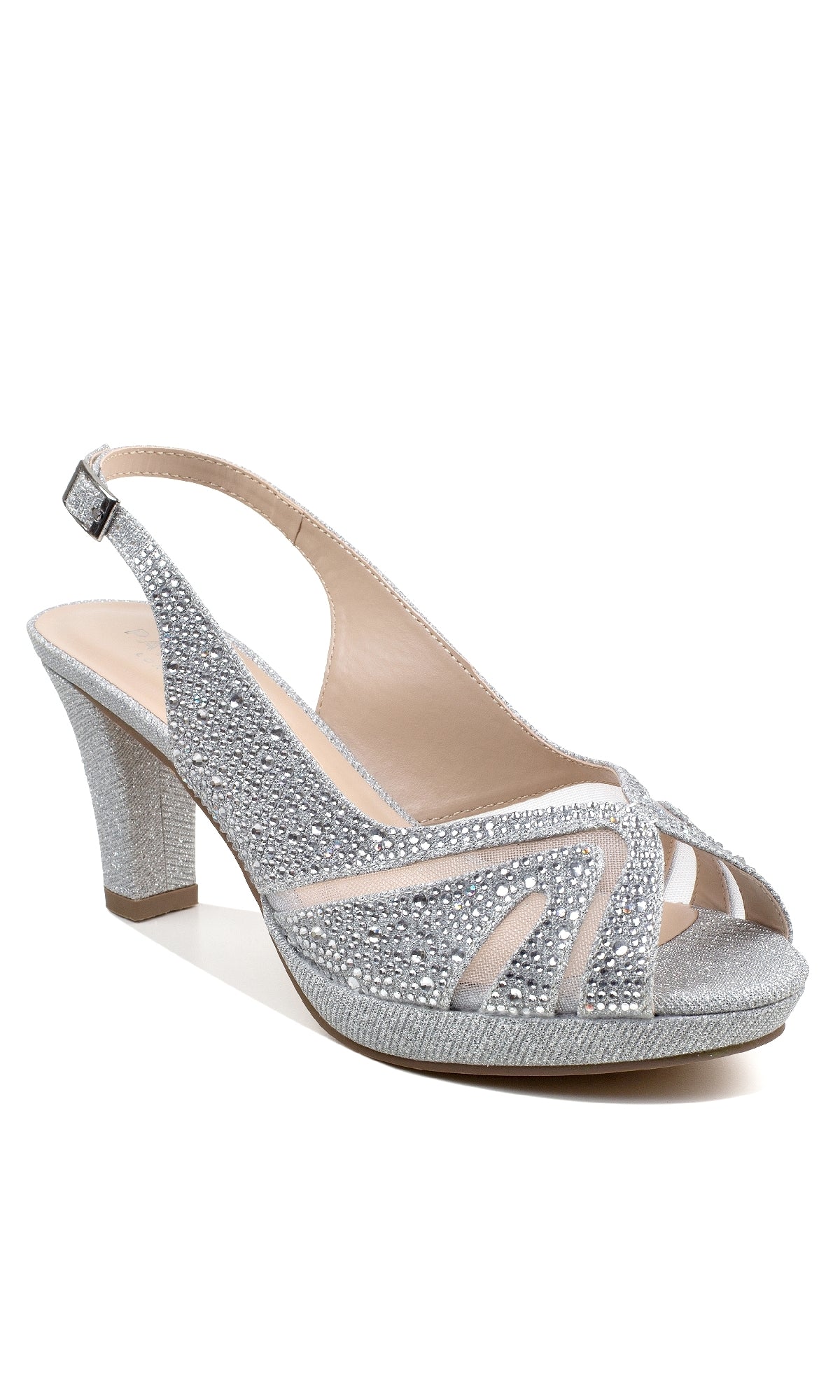Linda Silver Glitter Prom Shoes: Paradox London P2234—silver open-toe prom shoes featuring glitter, rhinestone accents, and a mid-height block heel, shown on a white background.