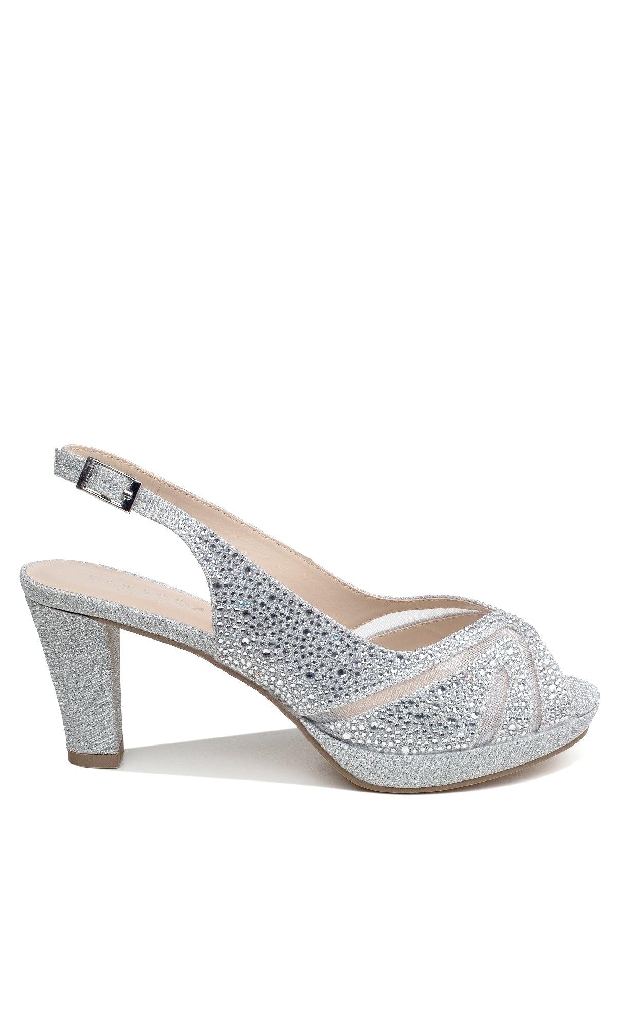 Linda Silver Glitter Prom Shoes: Paradox London P2234—a dazzling high heel with an open toe, slingback strap, and sparkling rhinestones—are perfect for making a statement at any special event.