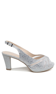 Linda Silver Glitter Prom Shoes: Paradox London P2234—a dazzling high heel with an open toe, slingback strap, and sparkling rhinestones—are perfect for making a statement at any special event.