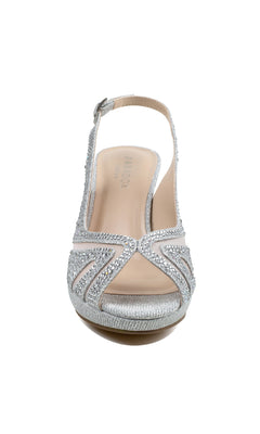 Front view of the Linda Silver Glitter Prom Shoes (Paradox London P2234), an open-toe slingback high heel adorned with rhinestones, shown against a white background.