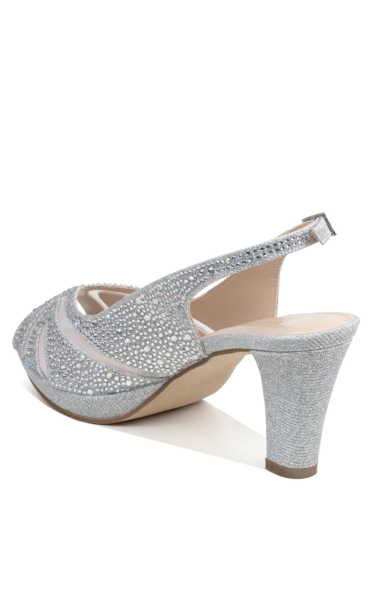 The Linda Silver Glitter Prom Shoes by Paradox London (P2234) are chic slingback heels featuring a high heel, stylish cutouts, and sparkling silver glitter on an open-toe design—perfect for prom.
