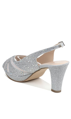The Linda Silver Glitter Prom Shoes by Paradox London (P2234) are chic slingback heels featuring a high heel, stylish cutouts, and sparkling silver glitter on an open-toe design—perfect for prom.