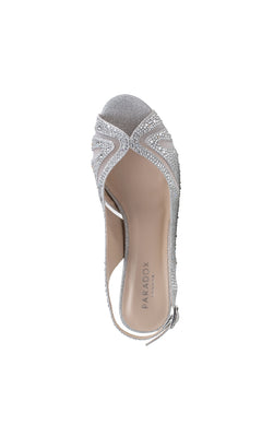 The Linda Silver Glitter Prom Shoes (Paradox London P2234) feature a silver open-toe design with rhinestone embellishments and a slingback high heel. The insole is labeled "PARADOX LONDON," ideal for adding sparkle to your special night.