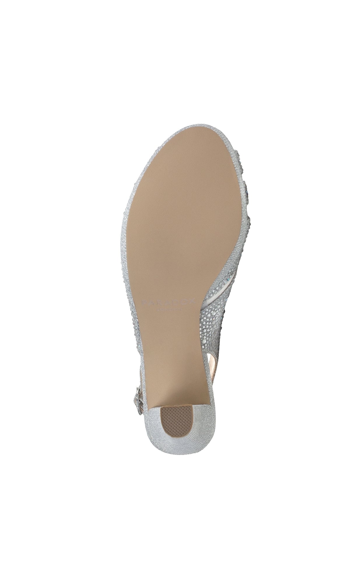 The image displays the bottom view of the Linda Silver Glitter Prom Shoe (Paradox London P2234), featuring a textured sole and a light-colored flat heel.