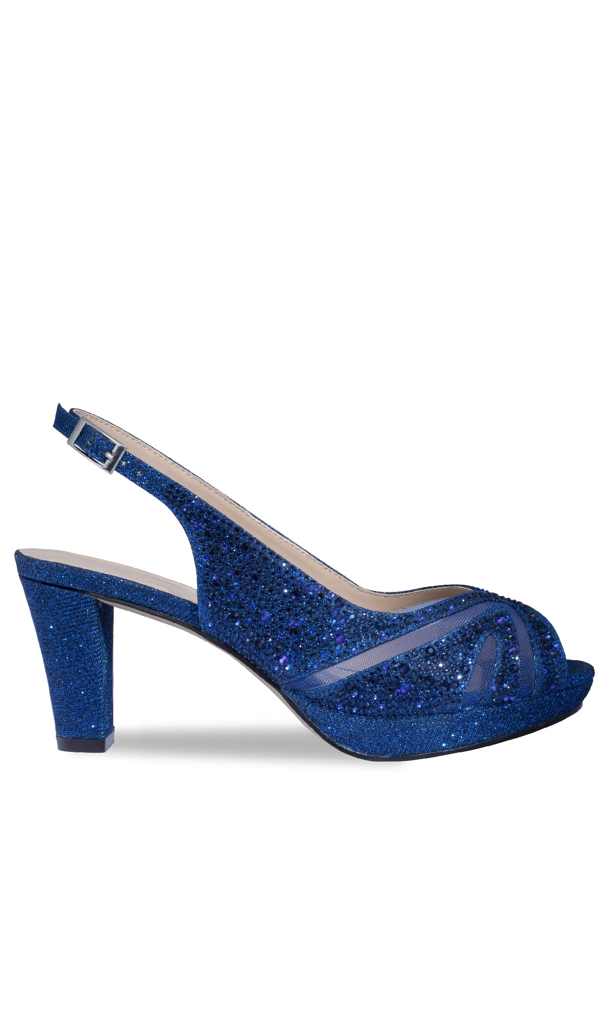 The Linda Navy Blue Glitter Prom Shoes (Paradox London P2235) are slingback high heel sandals with a peep toe and adjustable ankle strap—perfect for any special occasion.