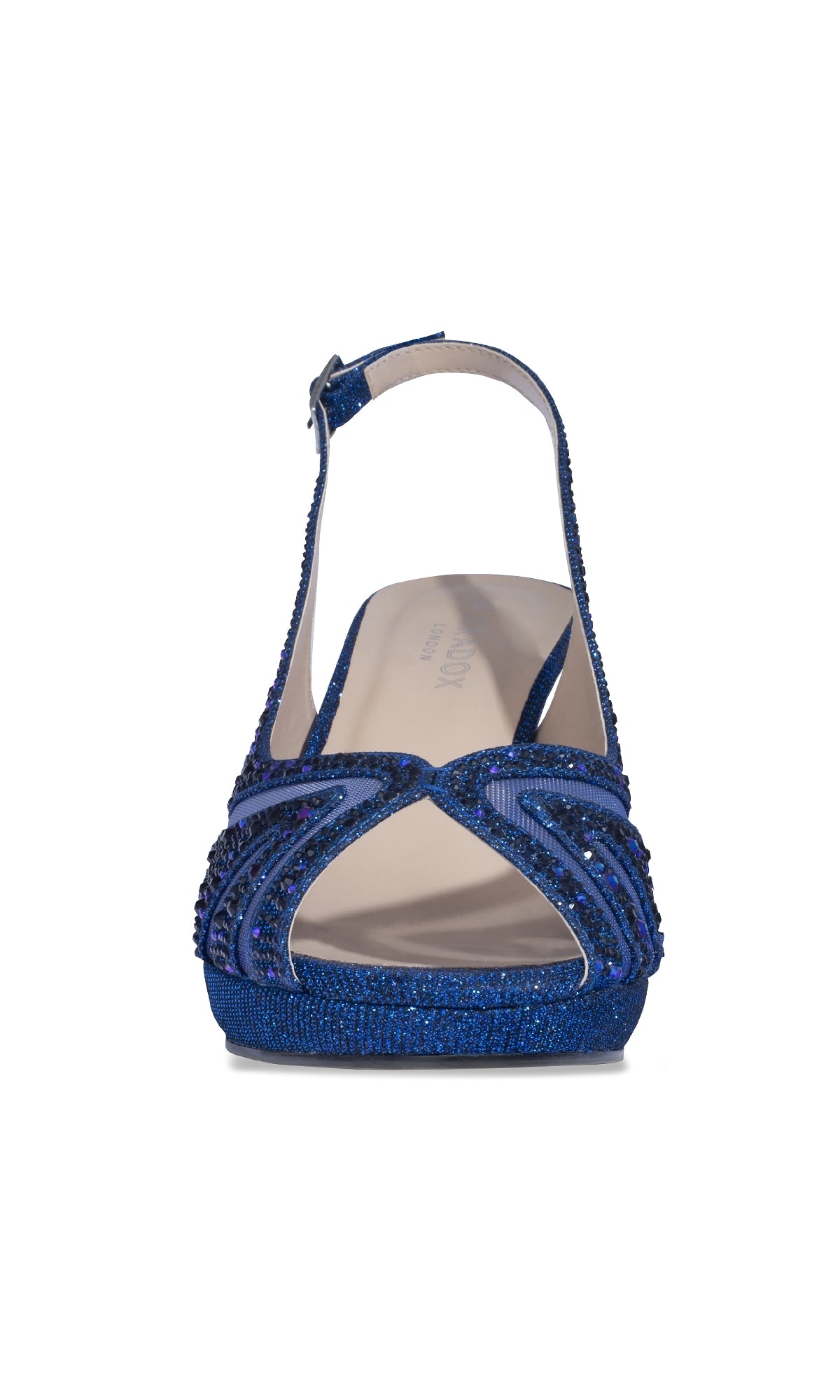 Front view of the Linda Navy Blue Glitter Prom Shoes by Paradox London (P2235), featuring an open toe, ankle strap, decorative beads, and glitter accents, shown on a plain white background.