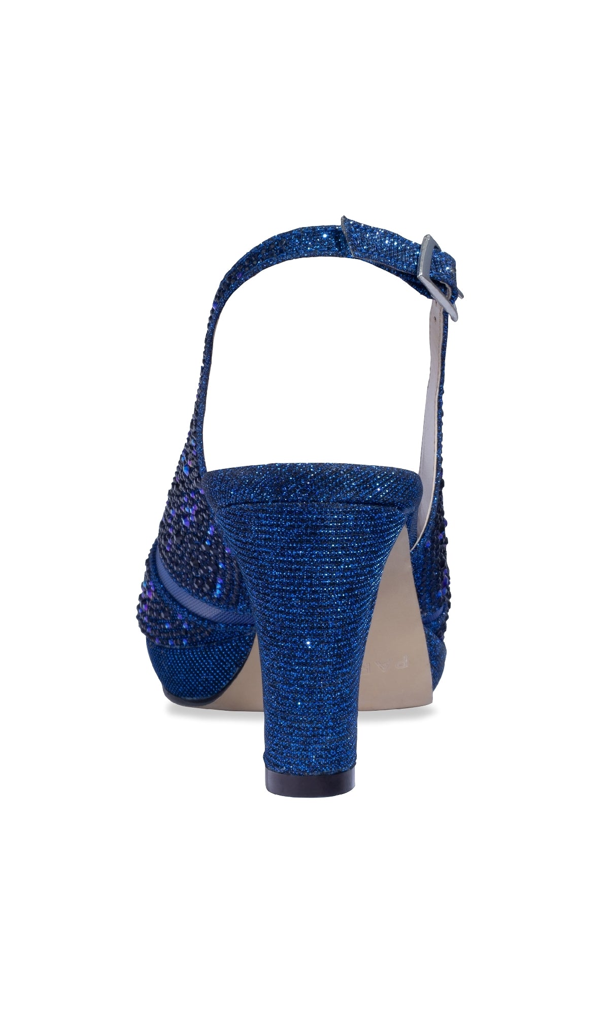 A back view of the Linda Navy Blue Glitter Prom Shoes: Paradox London P2235 shows high heels, ankle straps with buckle fastening, and a shimmering navy texture—ideal for adding glamour to any special occasion.