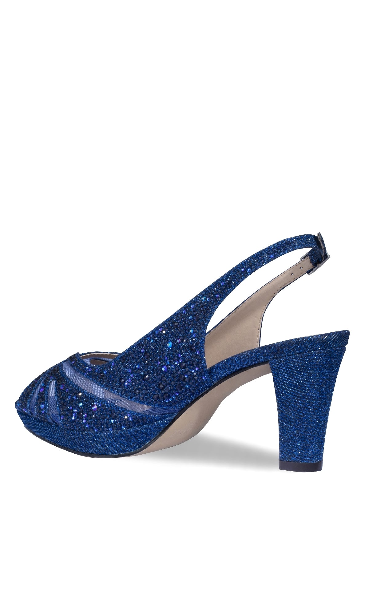 The Linda Navy Blue Glitter Prom Shoes (Paradox London P2235) feature a chunky high heel, open toe, and elegant slingback design in sparkling navy blue glitter, presented in a side view.