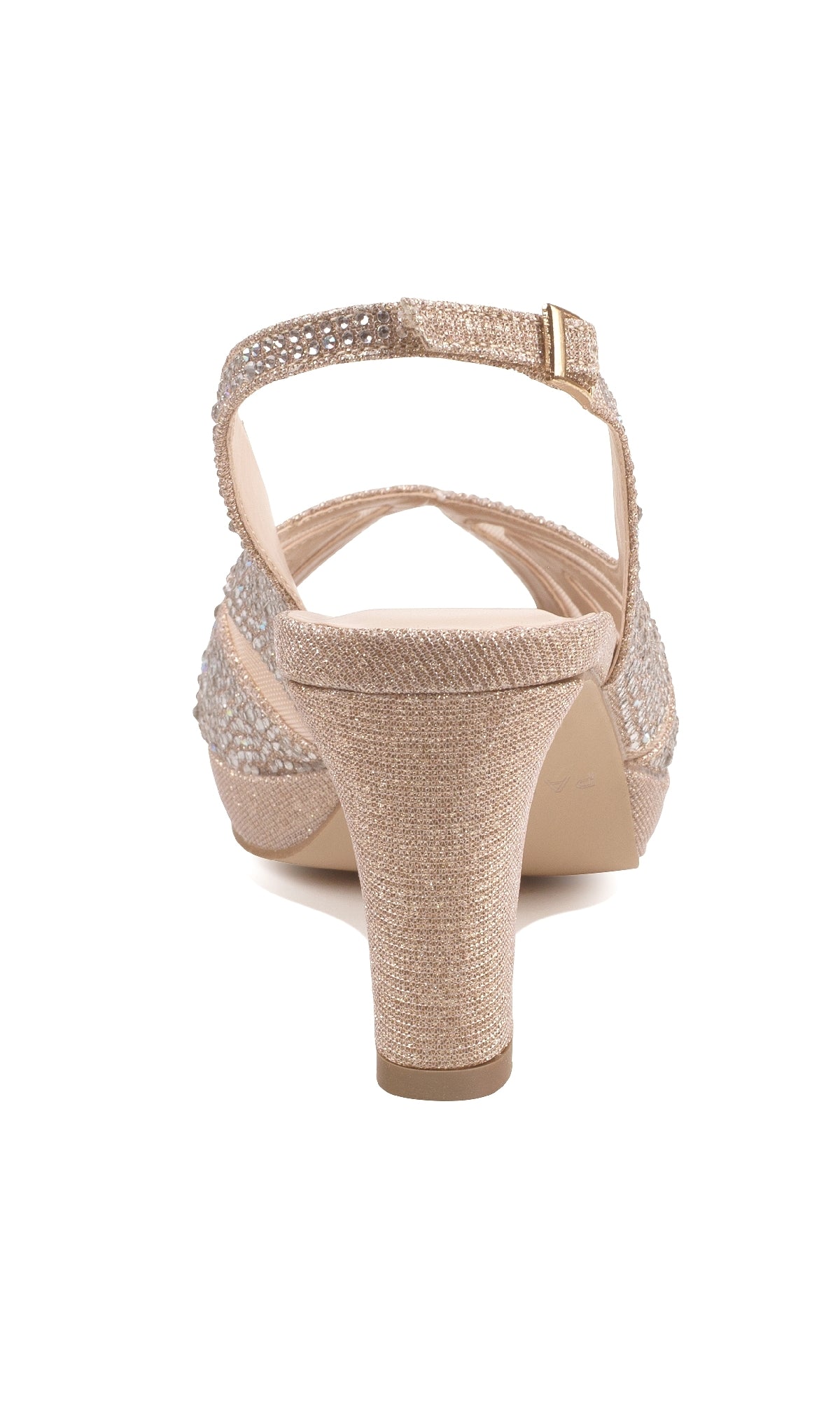 Rear view of the Linda Champagne Glitter Prom Shoes by Paradox London P2236, showcasing 3-inch heels, an ankle strap with buckle, and an elegant open-toe design.