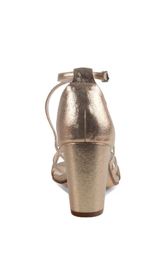 Rear view of the Lupe Champagne Shimmer Prom Shoes by Touch Ups (4622) featuring metallic gold straps, a low heel, ankle strap, and closed heel counter against a white background.
