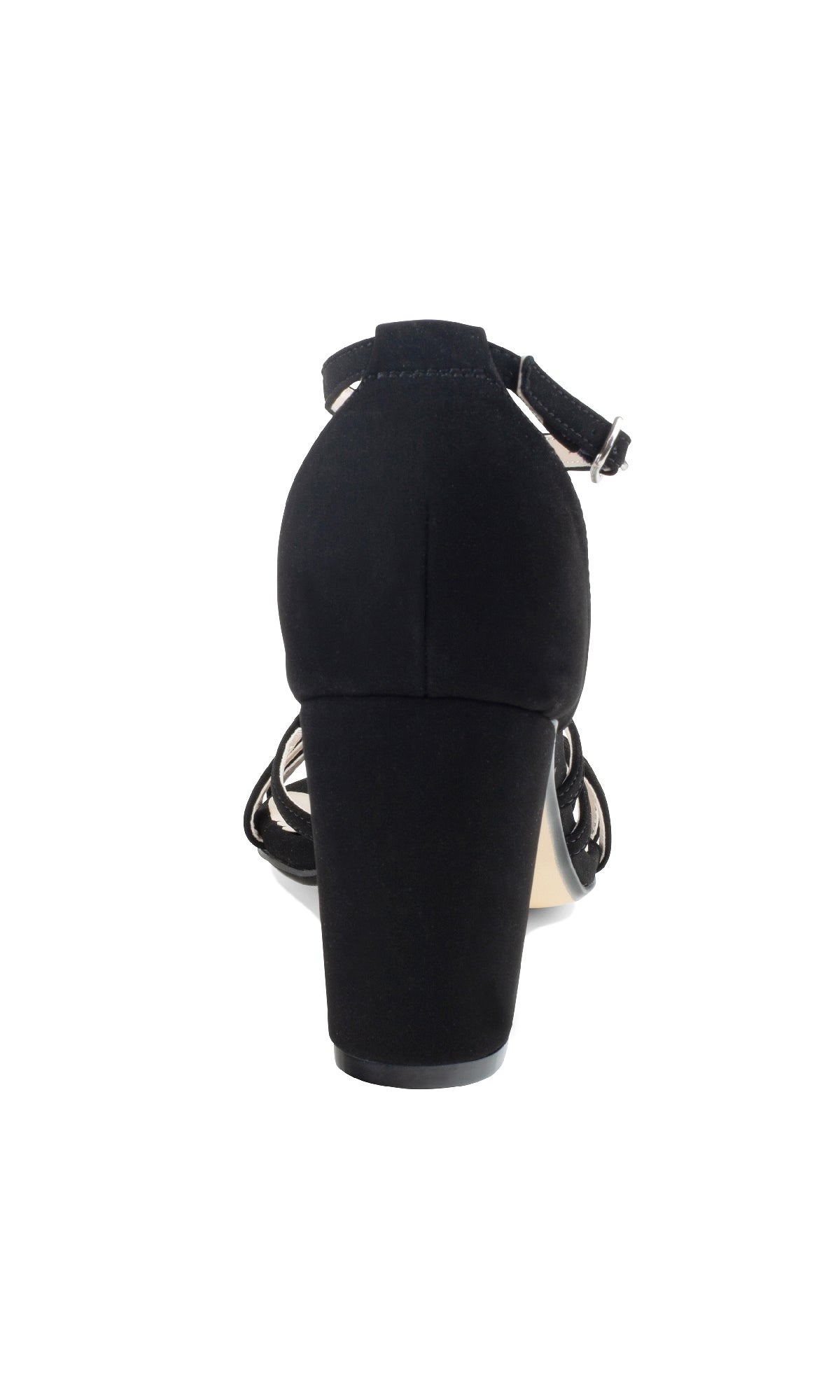 The Lupe Black Prom Dress Shoes: Touch Ups 4623 feature a rear view of black strappy heels with an ankle strap and closed heel counter, making them chic black prom shoes set against a white background.