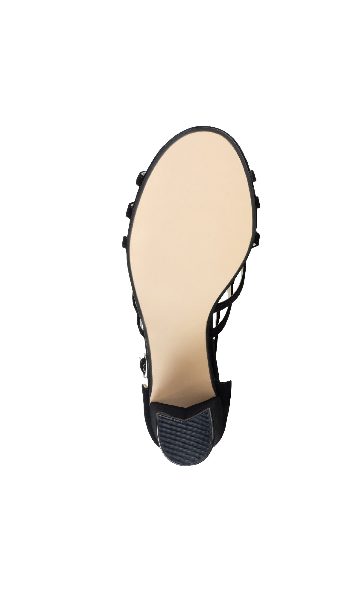 The image features the sole of the Lupe Black Prom Dress Shoes: Touch Ups 4623, a stylish black strappy heel ideal for prom, displayed against a crisp white background.