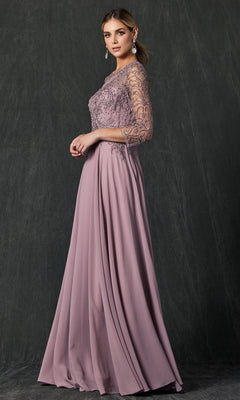Woman wearing the Juliet M11 long formal dress in mauve, featuring an embroidered bodice and sheer three-quarter sleeves, standing against a dark background.