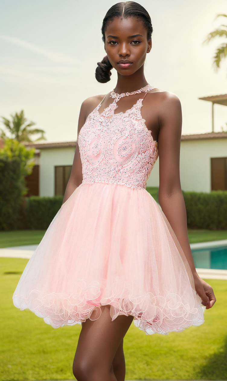 Beaded Lace Short Babydoll Party Dress - PromGirl Burgundy / XLarge
