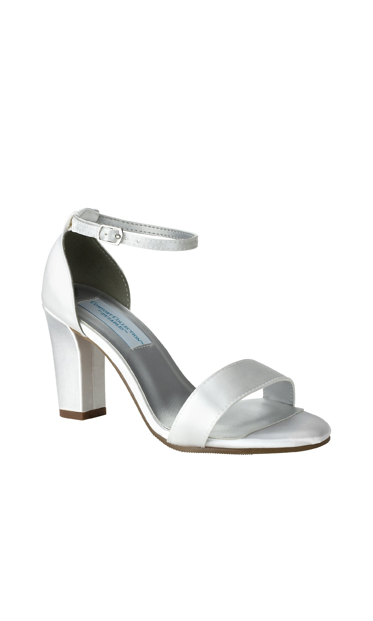 The Maddox White Satin Prom Shoes (Dyeables 58217) feature a low block heel, open toe, ankle strap with buckle—perfect for elegant occasions. Photographed on a plain white background.