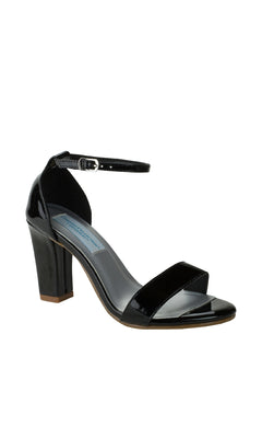 The Maddox Block-Heel Black Prom Shoes (Dyeables 58317) feature black patent leather, an ankle strap, high heel, and open toe—perfect as black prom shoes. Shown on a white background.