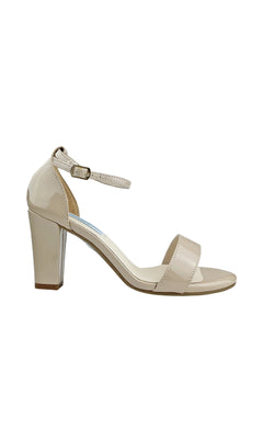 Maddox Low-Heel Nude Prom Shoes: Dyeables 58517 feature beige patent leather, block heels, an open toe, and ankle strap—ideal chic low-heel prom shoes showcased on a white background.