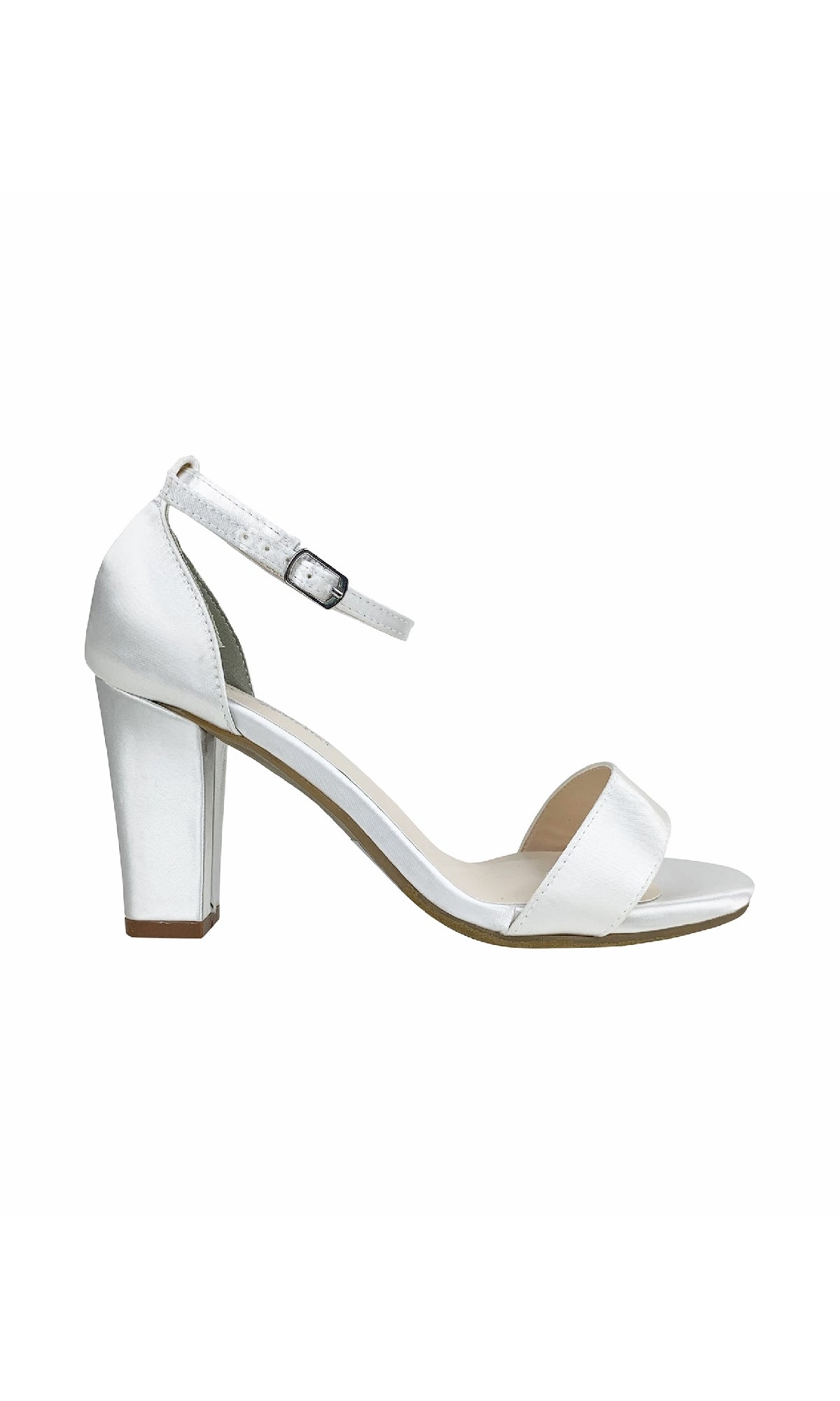 The Maddox White Satin Prom Shoes by Dyeables (58217) feature an ankle strap, open toe, block heel, and silver buckle—perfect stylish block heel prom shoes for any special occasion.