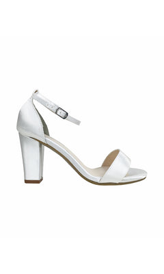 The Maddox White Satin Prom Shoes by Dyeables (58217) feature an ankle strap, open toe, block heel, and silver buckle—perfect stylish block heel prom shoes for any special occasion.