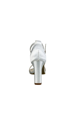 Rear view of the Maddox White Satin Prom Shoes (Dyeables 58217) featuring a block heel and ankle strap, shown against a plain white background.