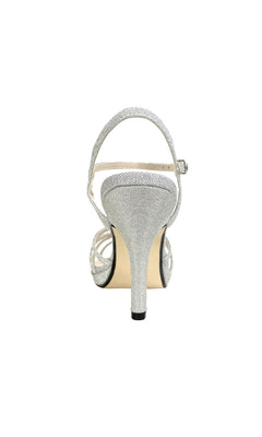 Rear view of the Mae Silver Glitter Prom Shoes: Touch Ups 4505, a single open-toe stiletto heel with an ankle strap, shown against a white background.