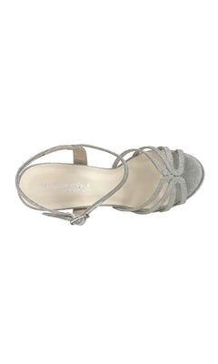 Top view of Mae Silver Glitter Prom Shoes: Touch Ups 4505, showcasing an open-toe design, ankle strap, crisscross front, and sleek stiletto heels.