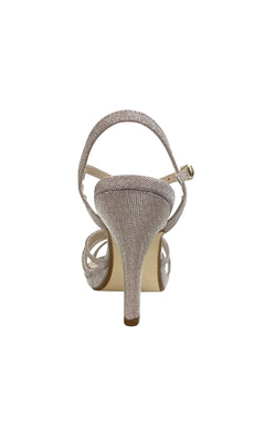 A rear view of the Mae Champagne Glitter Prom Shoes (Touch Ups 4506): high-heeled, open-toe stilettos with an ankle strap and glittery textured finish—perfect for prom.