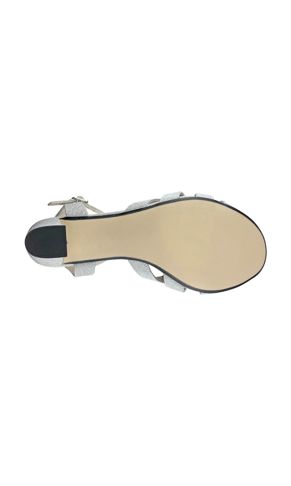 A top-down view of the sole of the Maeve Silver Glitter Prom Shoes: Touch Ups 4528, an open-toe women's sandal with a light beige bottom and a small black heel.