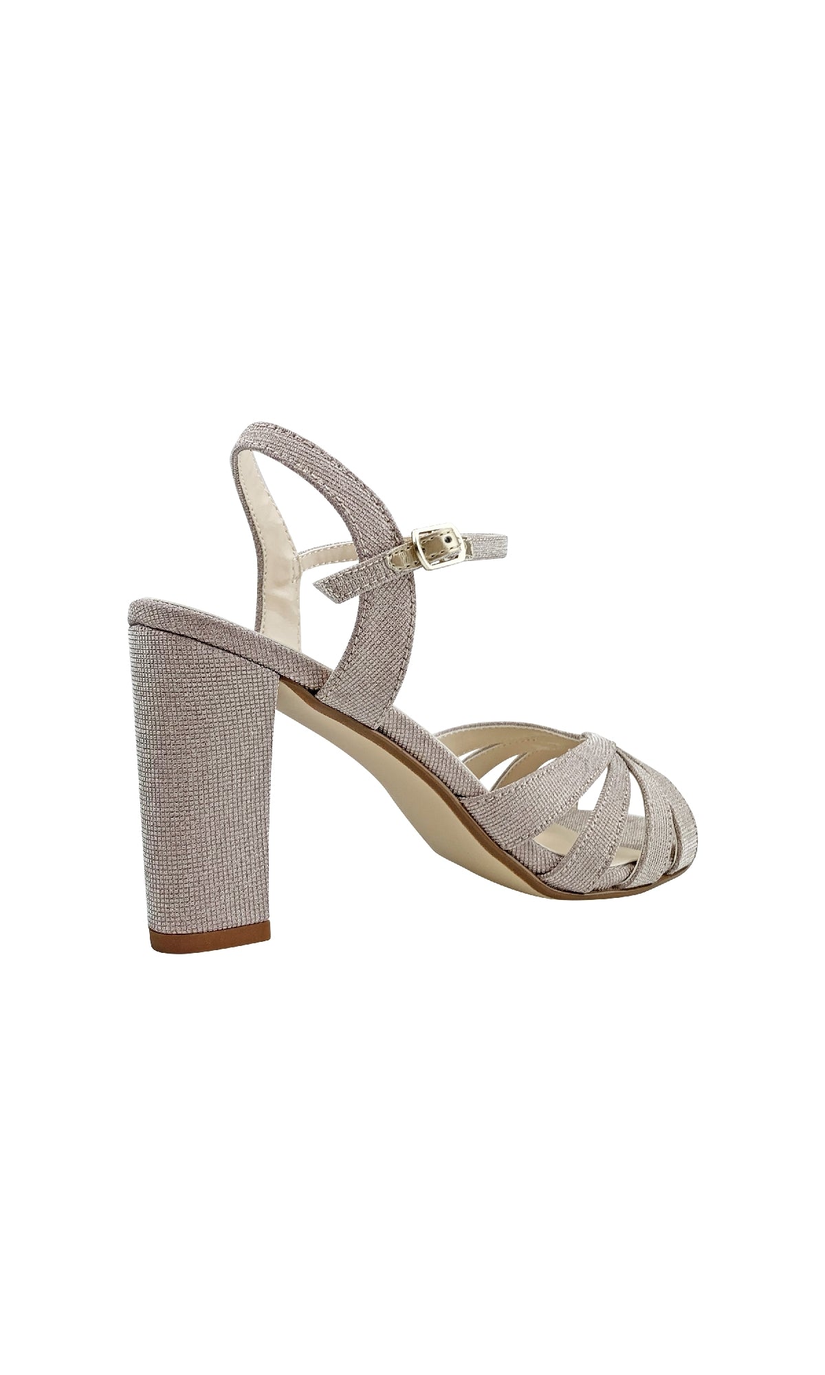The Maeve Champagne Glitter Prom Shoes (Touch Ups 4529) is a women's block-heeled sandal with a textured light beige finish, ankle buckle strap, and open toe—ideal as subtle prom shoes—shown on a white background.