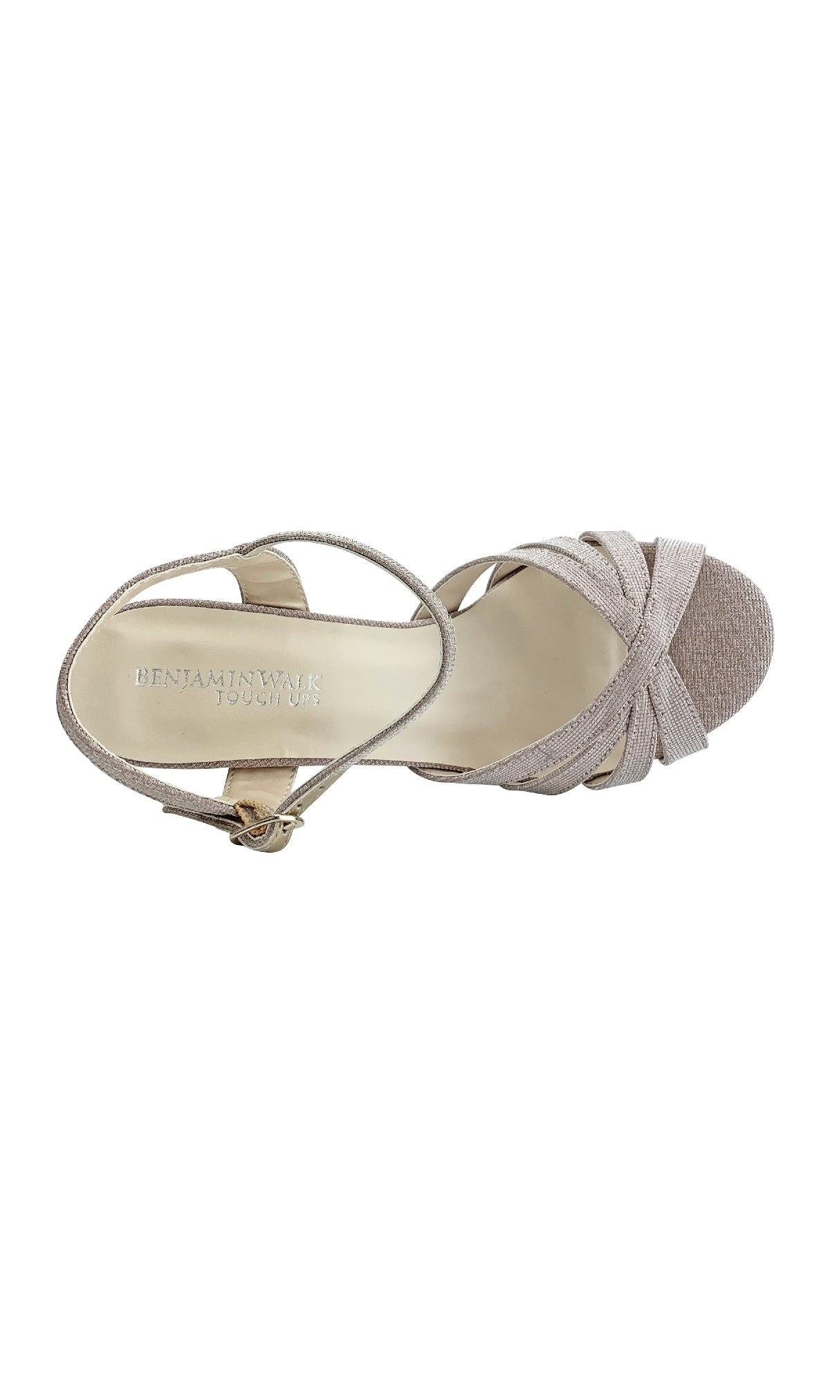 The Maeve Champagne Glitter Prom Shoes: Touch Ups 4529 feature stylish crisscross and ankle straps, a light textured fabric finish, open toe, and comfortable block heels—perfect for prom.