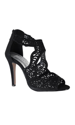 Margot Black Stiletto Prom Shoes: Touch Ups 4296—elegant high-heeled sandals with laser-cut floral patterns, open toe, and ankle strap; perfect for your next black lamy prom shoes.