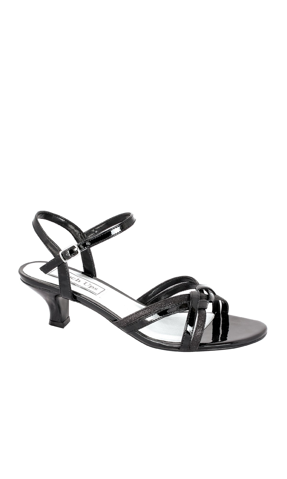 The Melanie Black Glitter Prom Shoes: Touch Ups 305 feature thin, glossy black straps, an ankle strap, a 1.75-inch heel, and an open toe—perfect as stylish heels for prom or any special occasion.