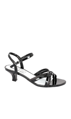 The Melanie Black Glitter Prom Shoes: Touch Ups 305 feature thin, glossy black straps, an ankle strap, a 1.75-inch heel, and an open toe—perfect as stylish heels for prom or any special occasion.