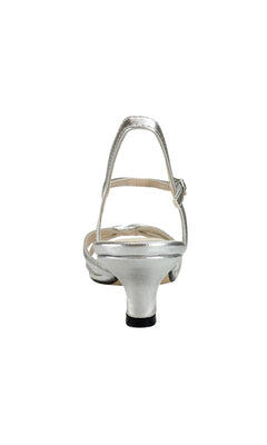 Rear view of the Melanie Open-Toe Silver Prom Shoes: Touch Ups 896, featuring a low heel and ankle strap, displayed against a white background.