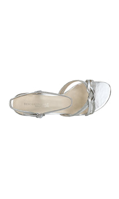 The Melanie Open-Toe Silver Prom Shoes: Touch Ups 896 feature a slingback strap, metallic finish, and beige branded Benjamin Walk Shoes insole. These low heel formal shoes are perfect for any special occasion.