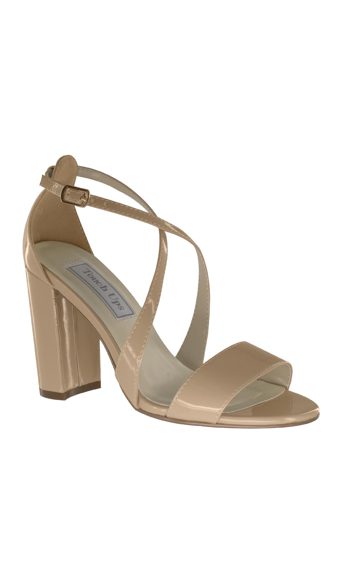 The Micah Block-Heel Nude Prom Shoes (Touch Ups 4322) feature beige patent leather, open toes, cross ankle straps, and a buckle closure—making them the perfect elegant choice for a night out.