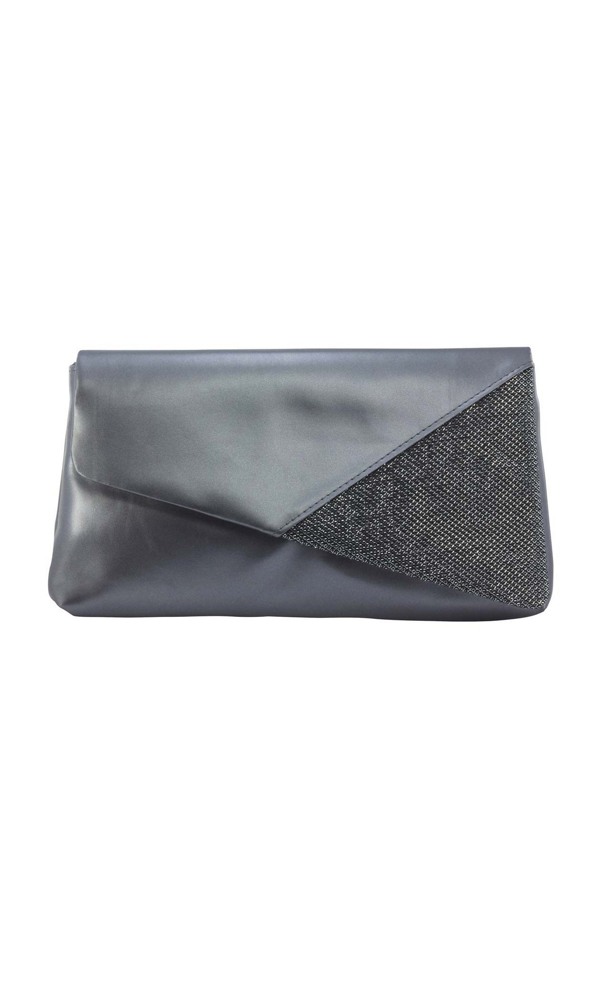 Morgan Pewter Prom Clutch: Touch Ups B766 in a pewter metallic finish with an asymmetrical, textured triangular panel on the front flap.