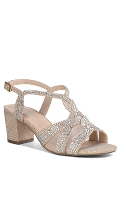 The Nadia Champagne Prom Shoes: Paradox London P2207 are gold open-toe sandals with block heels, glittery straps, rhinestone details, and an ankle strap with a small buckle for added elegance.