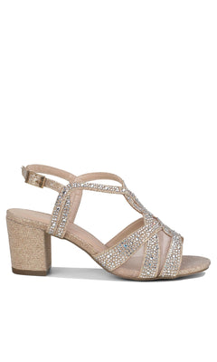 The Nadia Champagne Prom Shoes (Paradox London P2207) feature open toes, a block heel, a slingback strap, and multiple rhinestone-embellished straps across the foot in an elegant champagne shade.