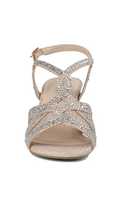 Front view of Nadia Champagne Prom Shoes: Paradox London P2207, a women’s open-toe sandal in light gold with glittering crisscross straps and an ankle strap, featuring stylish block heels for comfort—perfect for prom or special occasions.