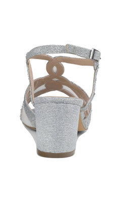 Rear view of Nadia Silver Prom Shoes: Paradox London P2208 featuring a silver shimmer finish, open toe, low block heels, and an ankle strap with buckle closure.
