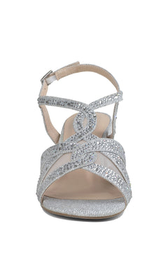 Front view of the Nadia Silver Prom Shoes: Paradox London P2208, featuring a silver shimmer finish, rhinestone embellishments, open toe, sturdy block heels, and an ankle strap with buckle.
