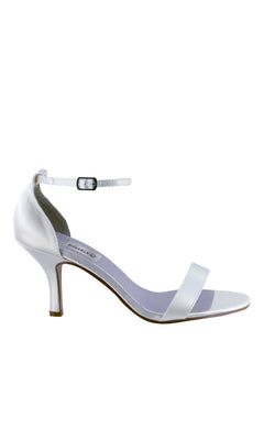 Nayomi White Satin Prom Shoes: Dyeables 4353 are elegant, open-toe heeled sandals with an ankle strap and buckle, featuring a low heel and minimalist design—perfect for prom or special occasions.