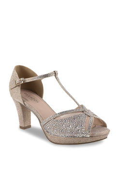 Step into glamour with the Nora Champagne Prom Shoes: Paradox London P2225, featuring gold glitter, a T-strap, buckle closure, platform sole, and sparkling rhinestones—ideal for making a dazzling prom entrance.