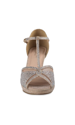 Front view of the Nora Champagne Prom Shoes by Paradox London (P2225): a sparkling open-toe stiletto sandal with ankle strap, rhinestone details, and secure buckle closure.