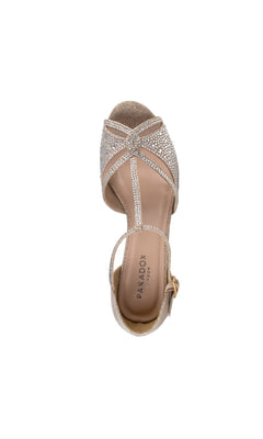 The Nora Champagne Prom Shoes (Paradox London P2225) is a single open-toe sandal with rhinestone embellishments, ankle strap, and small buckle closure. The insole features the "Paradox London" label—ideal elegant stiletto heels for prom.