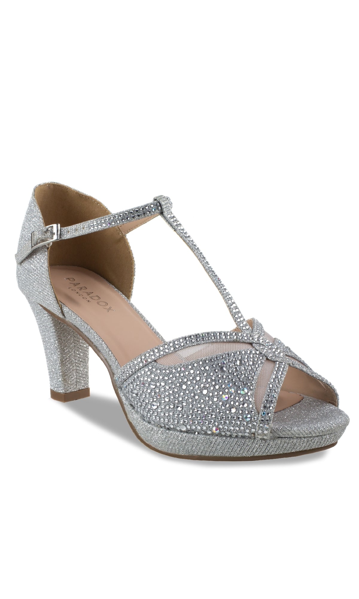 The Nora Silver Shimmer Prom Shoes (Paradox London P2226) feature glittery T-straps, an ankle buckle, open toes, elegant mesh, and front knot details—perfect stiletto heels for any special occasion.