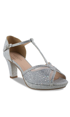 The Nora Silver Shimmer Prom Shoes (Paradox London P2226) feature glittery T-straps, an ankle buckle, open toes, elegant mesh, and front knot details—perfect stiletto heels for any special occasion.
